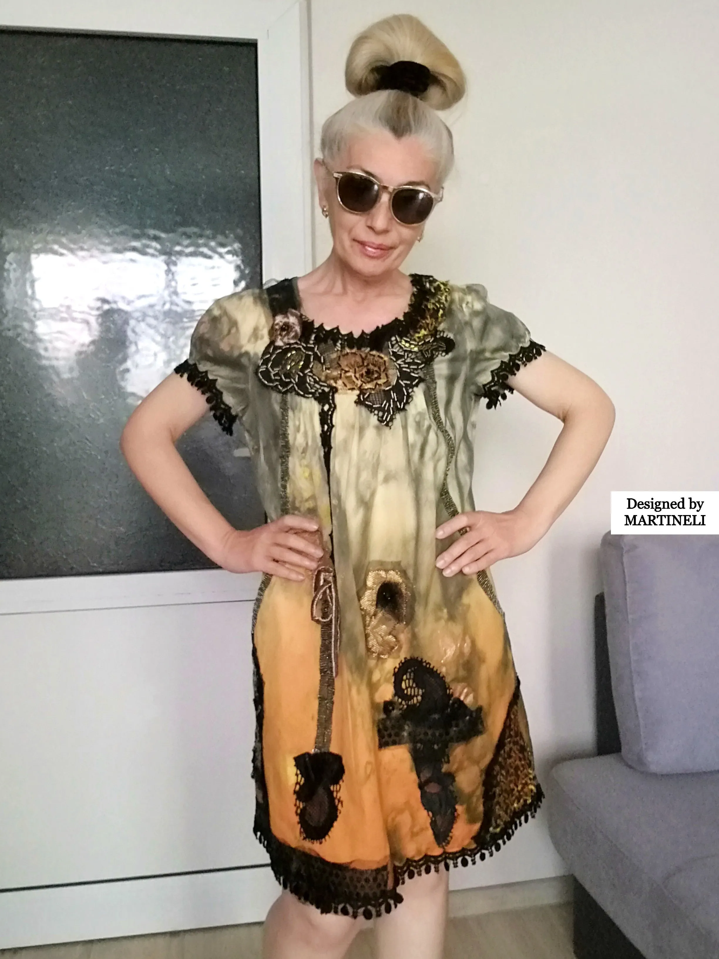 Orange Summer Dress M Boho Style Cotton Midi Dress
