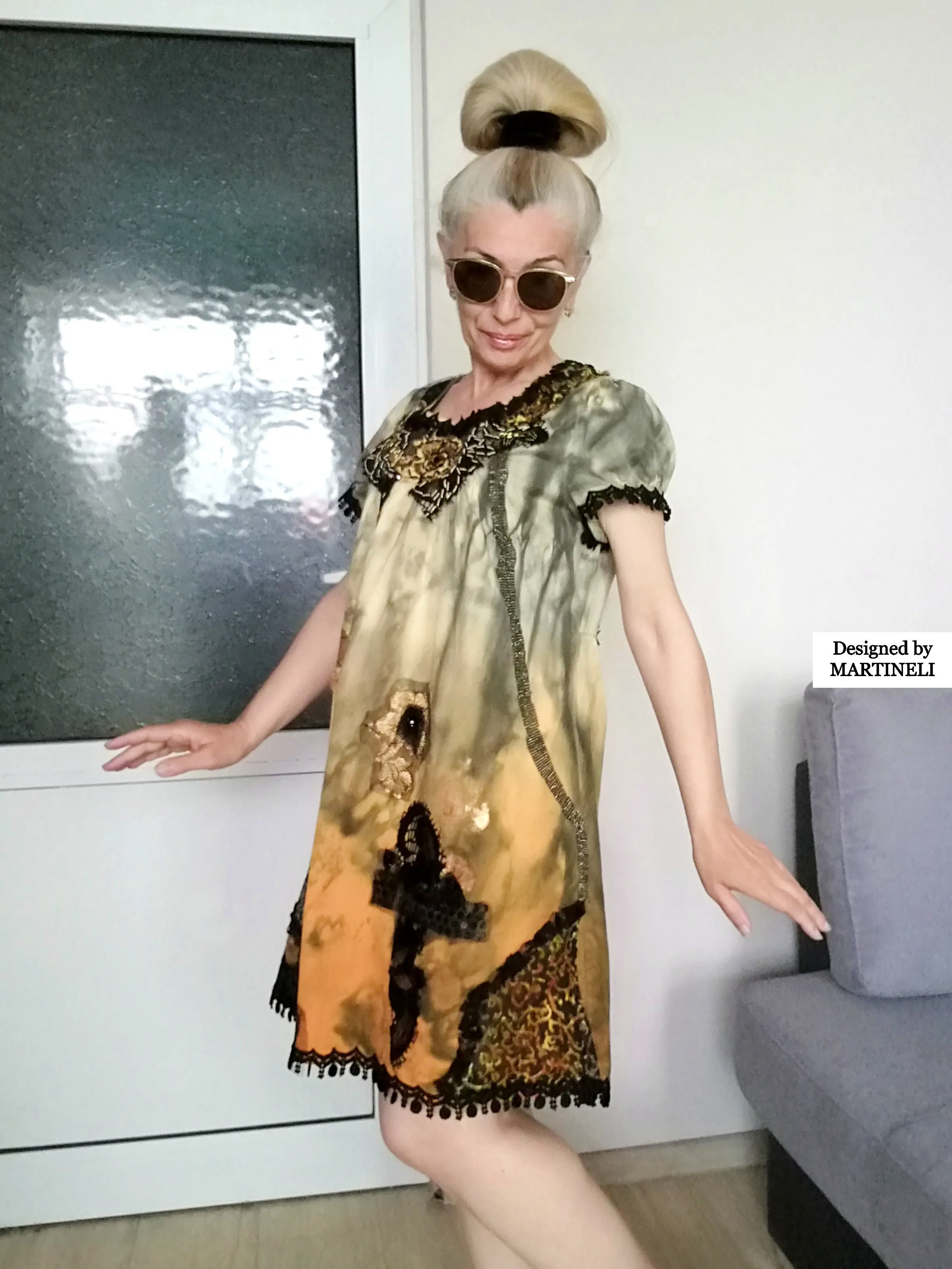 Orange Summer Dress M Boho Style Cotton Midi Dress