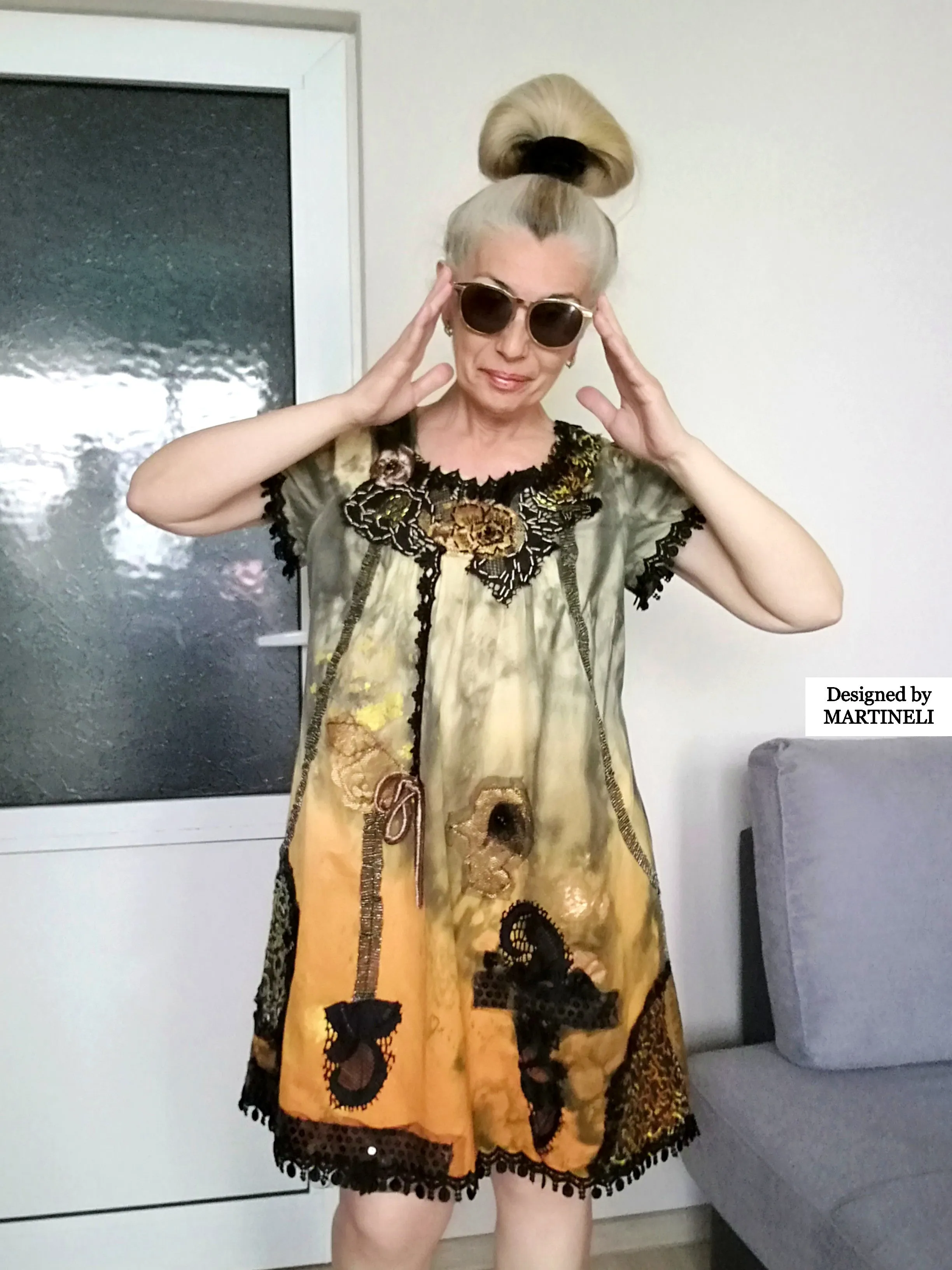 Orange Summer Dress M Boho Style Cotton Midi Dress
