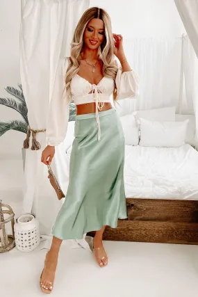 Poetry In Motion Satin Midi Skirt (Green)