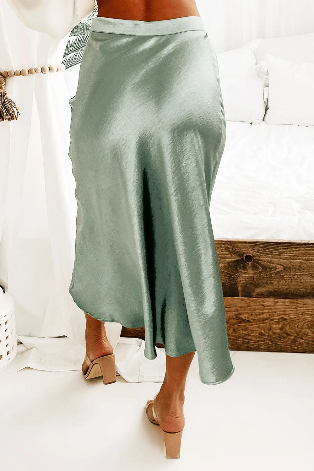 Poetry In Motion Satin Midi Skirt (Green)