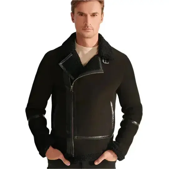 Premium Men's Black Sheepskin Shearling Aviator Jacket – Classic & Warm