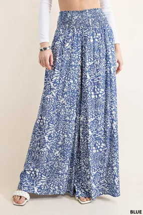 PRINT SMOCKED WAIST BRAND MAXI PANTS