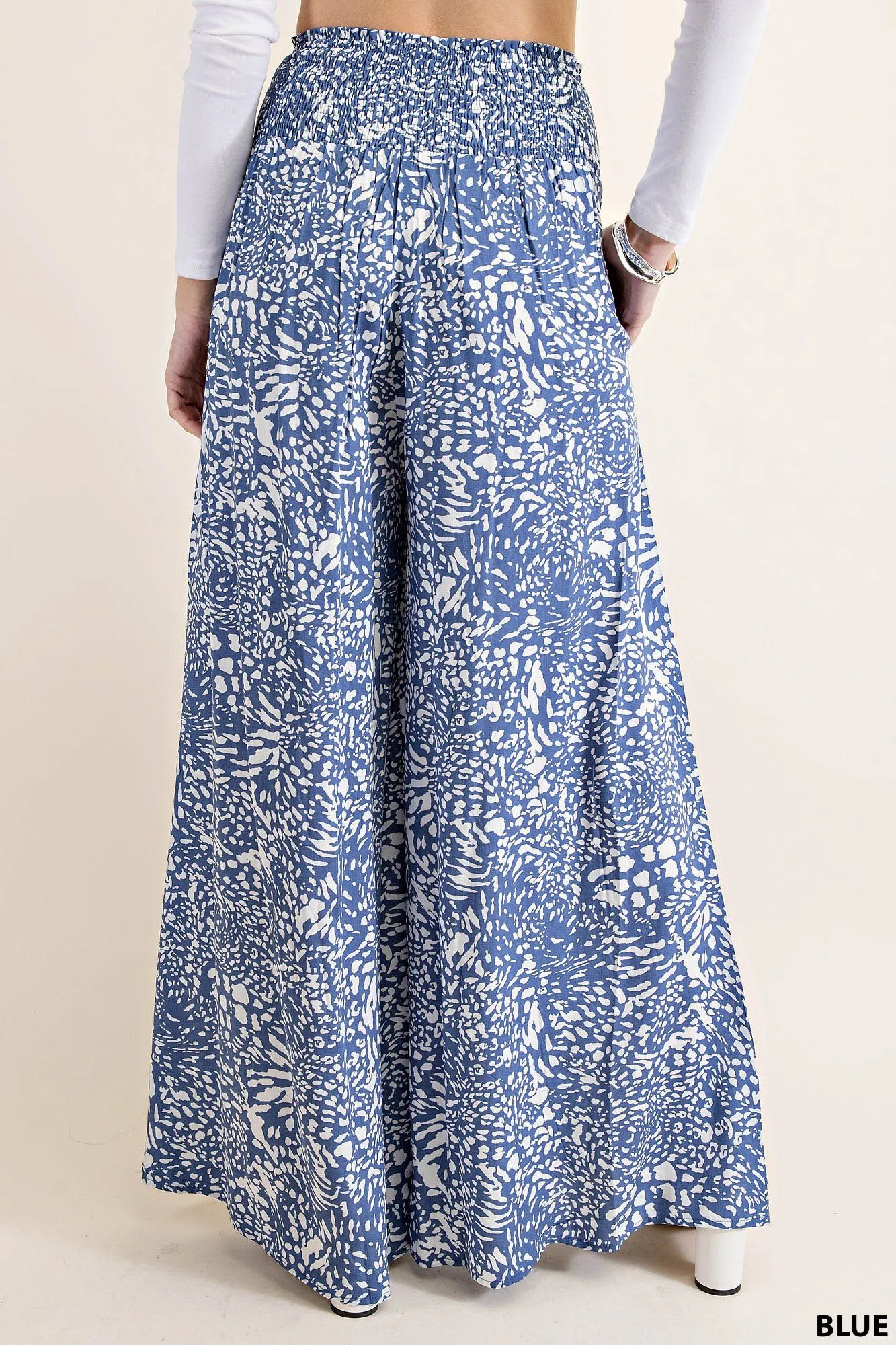 PRINT SMOCKED WAIST BRAND MAXI PANTS