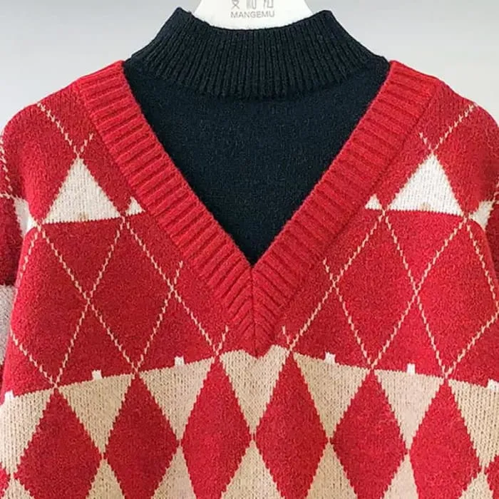 Red Rhombus Plaid Sweatshirt Slip Dress Set
