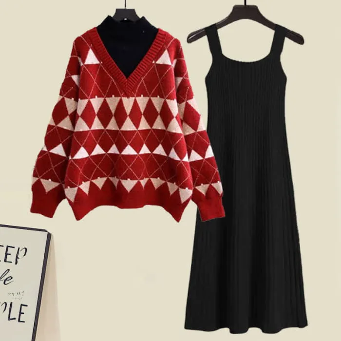 Red Rhombus Plaid Sweatshirt Slip Dress Set