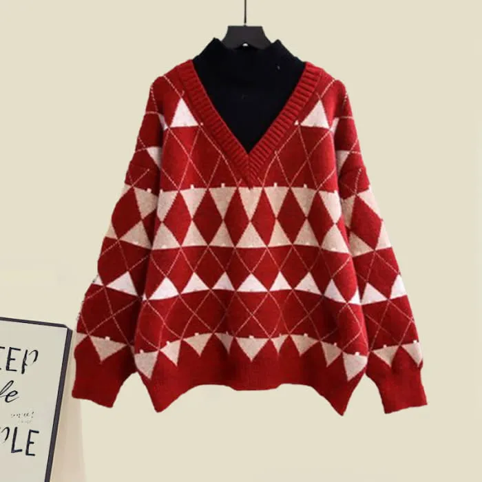 Red Rhombus Plaid Sweatshirt Slip Dress Set