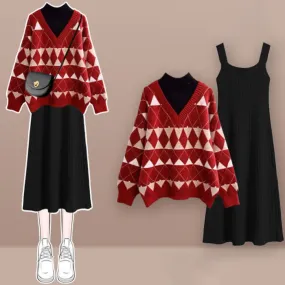 Red Rhombus Plaid Sweatshirt Slip Dress Set