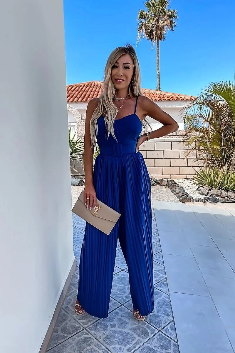 Royal Blue Plisse Pleat Buckle Belt Wide Leg Jumpsuit