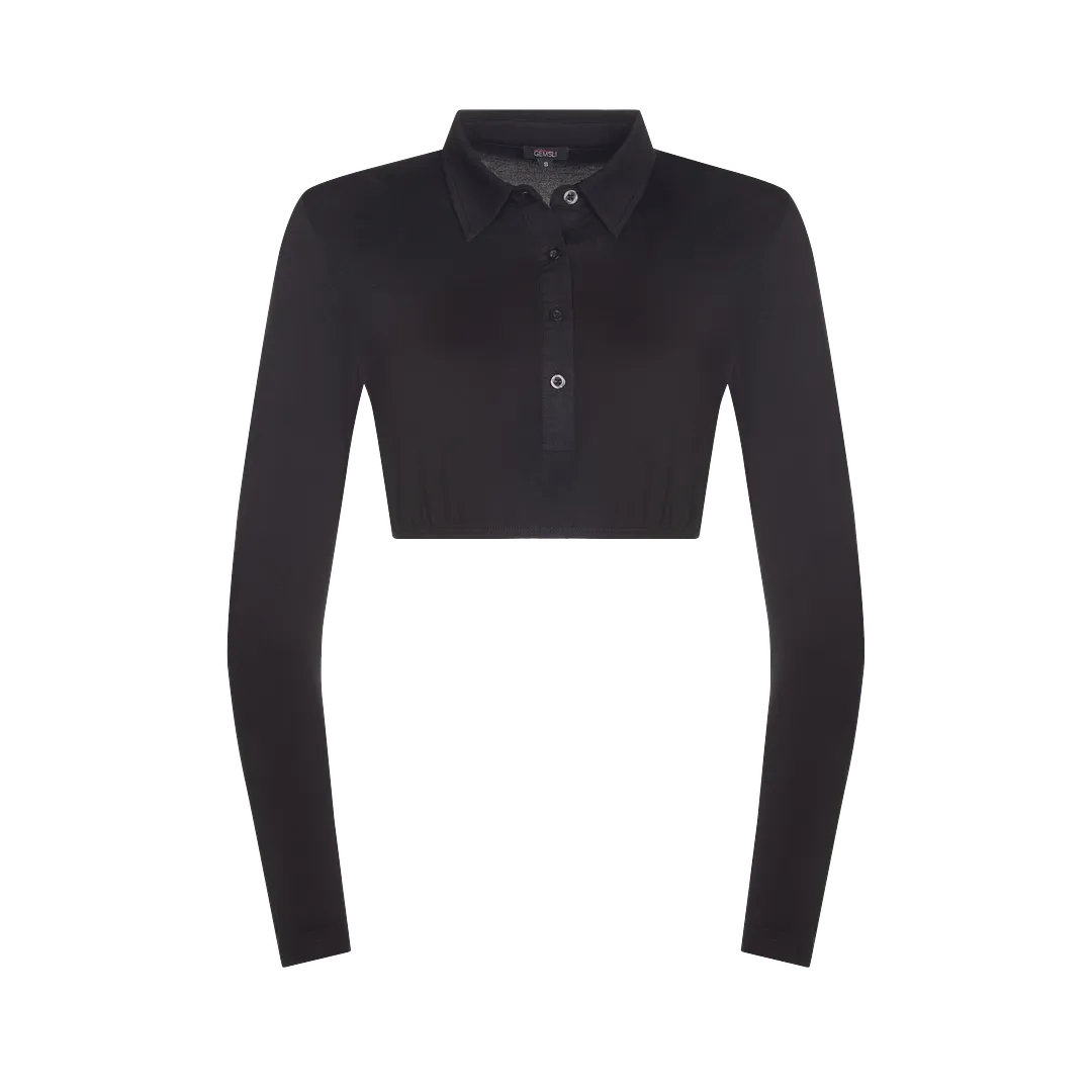 SH320 - long sleeve crop shell, pointy collar and woven placket, viscose