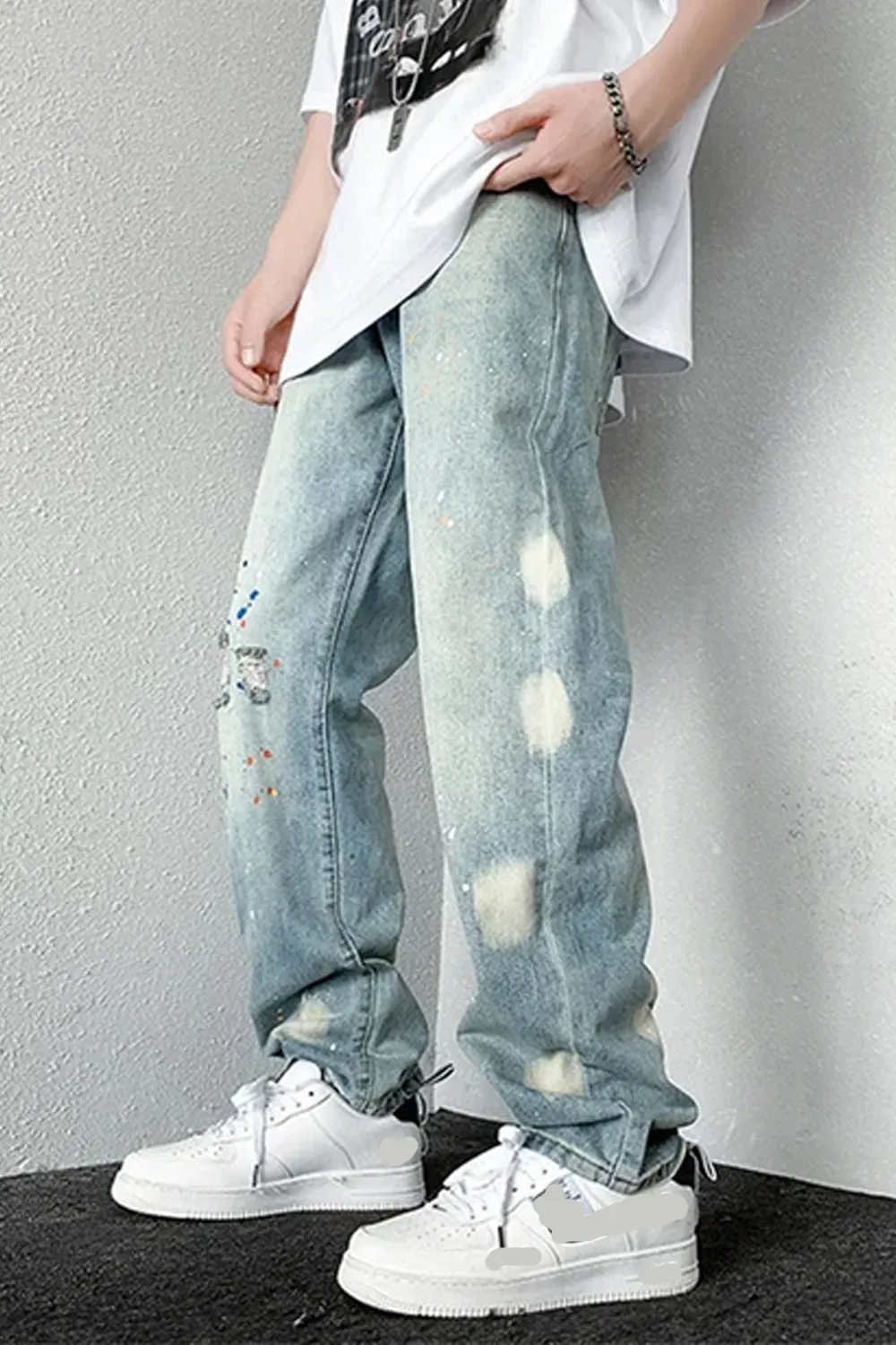 Splashed Ink Ripped Long Jeans Pants