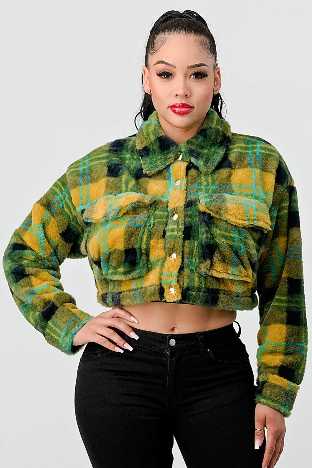 TRENDY PLAID LONG SLEEVE CROPPED JACKET