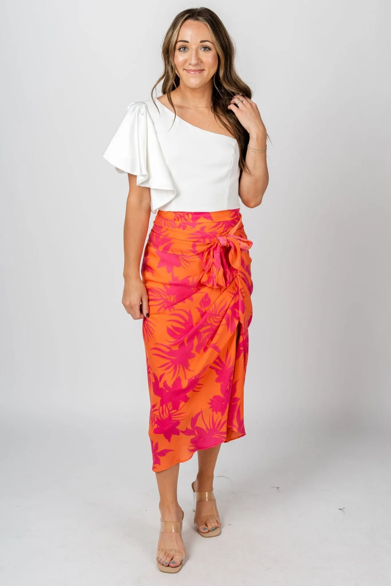 Tropical front tie midi skirt papaya