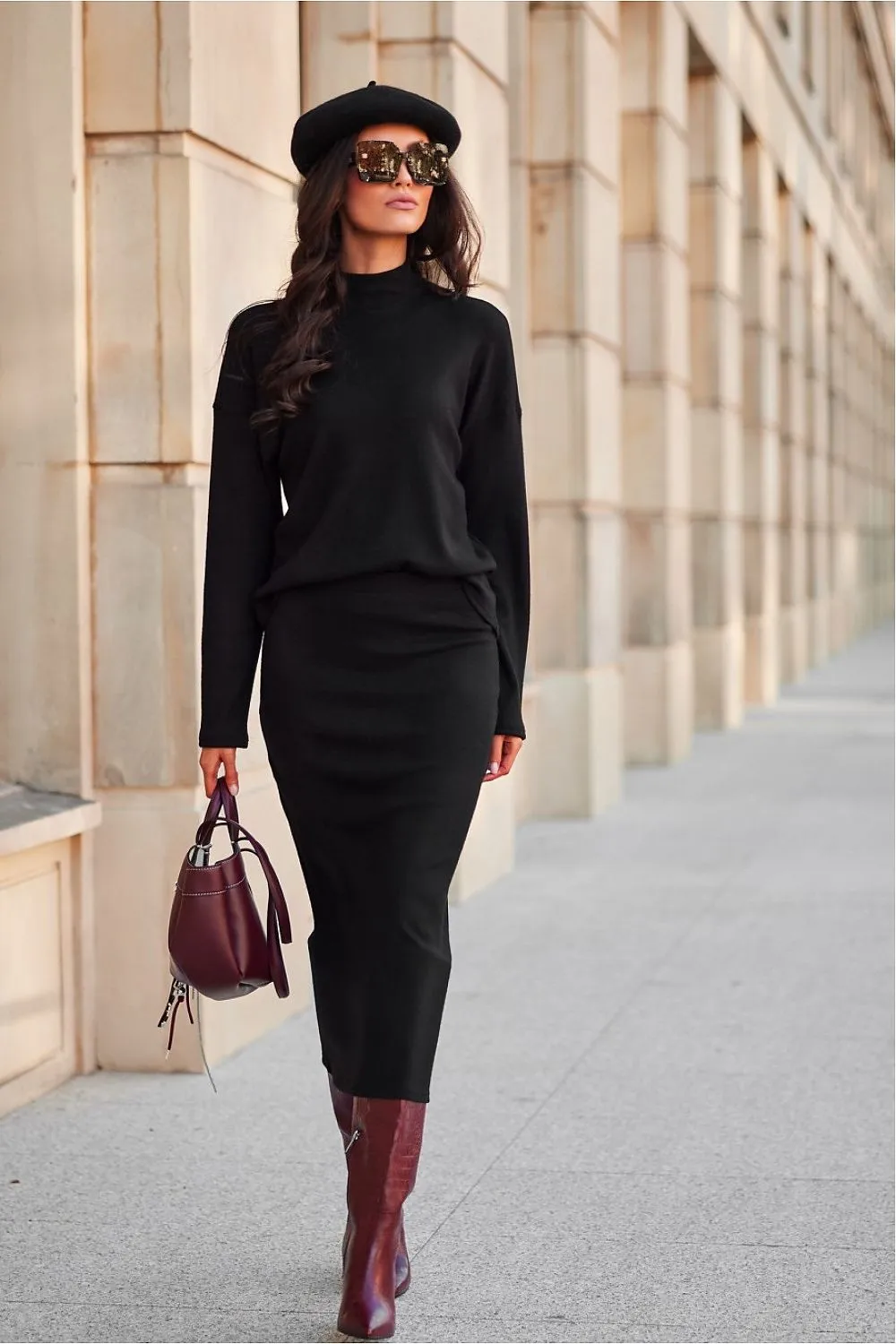 Warm knitted midi-length skirt