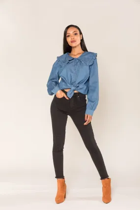 Wholesale Black High Waist Jeans with Frayed Legs