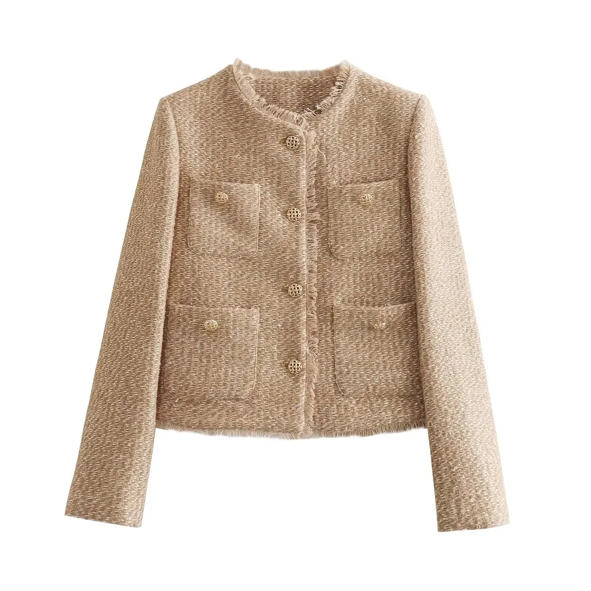 Women Camel Elegant Tweed Cropped Jacket – Autumn Button Frayed Long Sleeve Jackets Female Fashion O-neck Pocket Short Coats