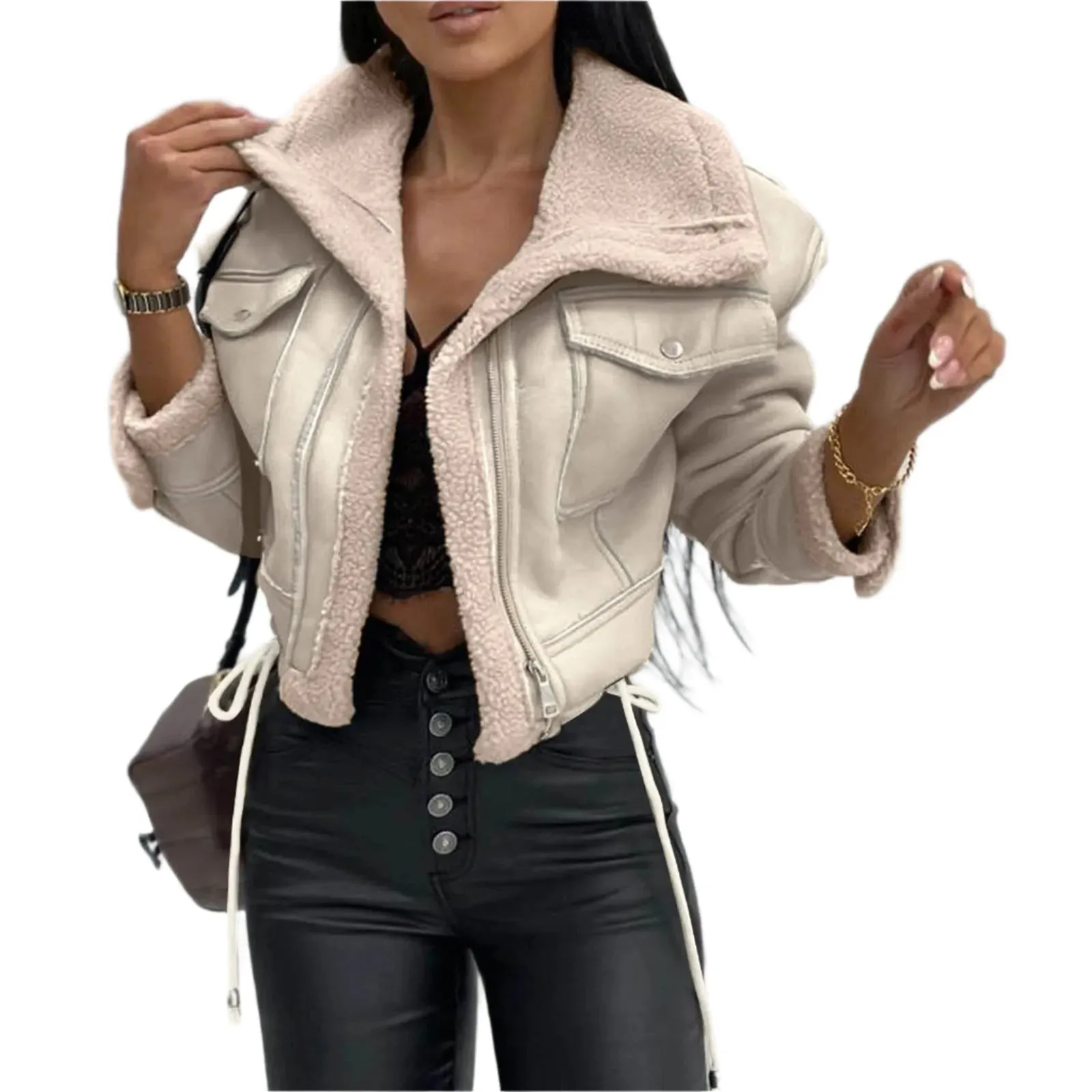 Women's Casual Autumn Warm Furry PU Patchwork Cropped Jacket – Loose Fit Long Sleeve Fashion Coat