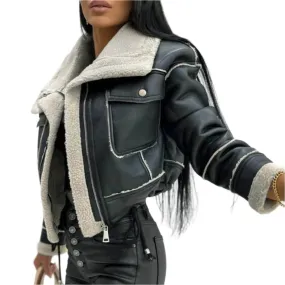 Women's Casual Autumn Warm Furry PU Patchwork Cropped Jacket – Loose Fit Long Sleeve Fashion Coat