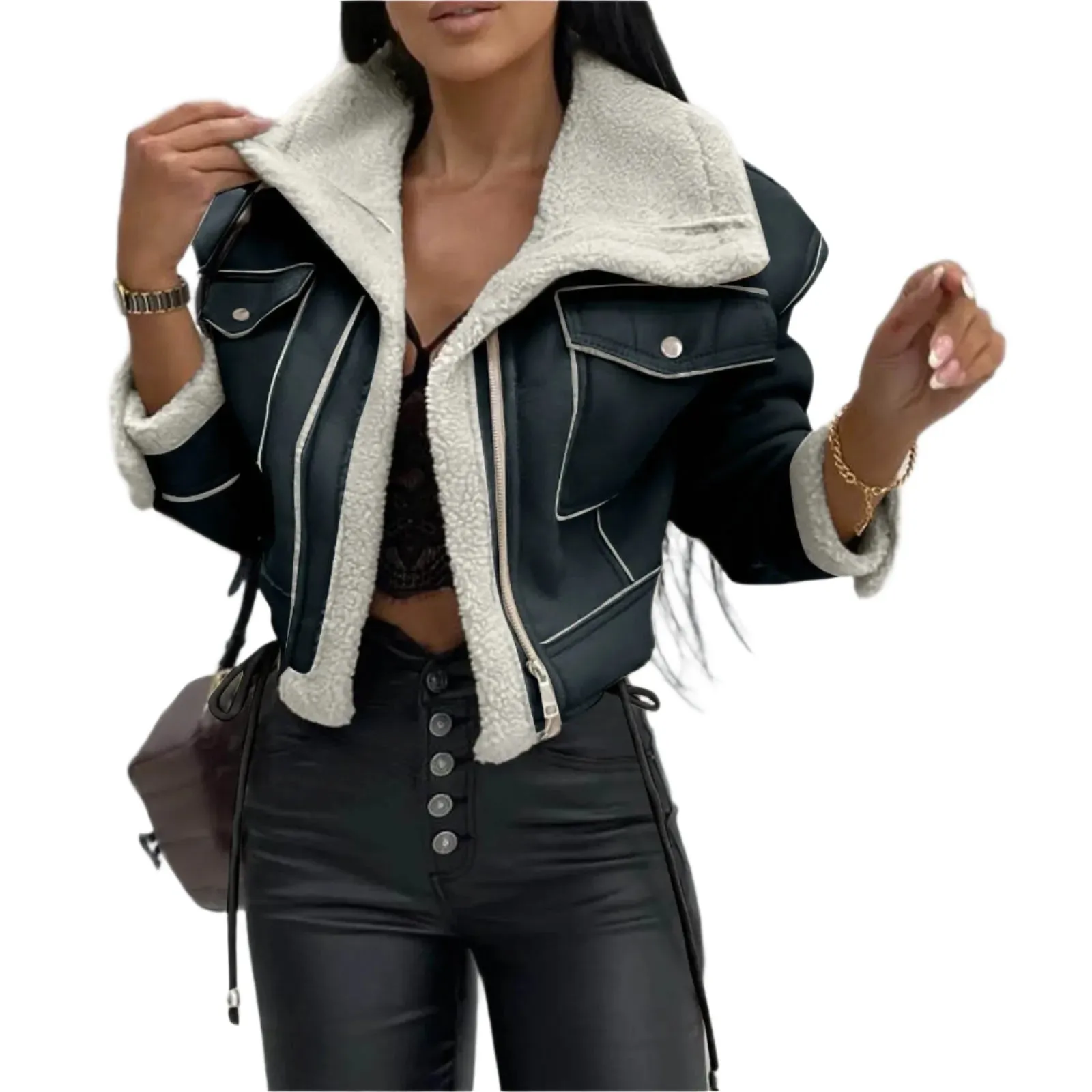 Women's Casual Autumn Warm Furry PU Patchwork Cropped Jacket – Loose Fit Long Sleeve Fashion Coat