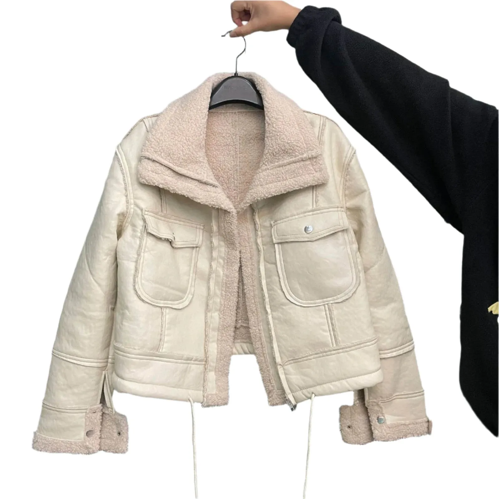 Women's Casual Autumn Warm Furry PU Patchwork Cropped Jacket – Loose Fit Long Sleeve Fashion Coat
