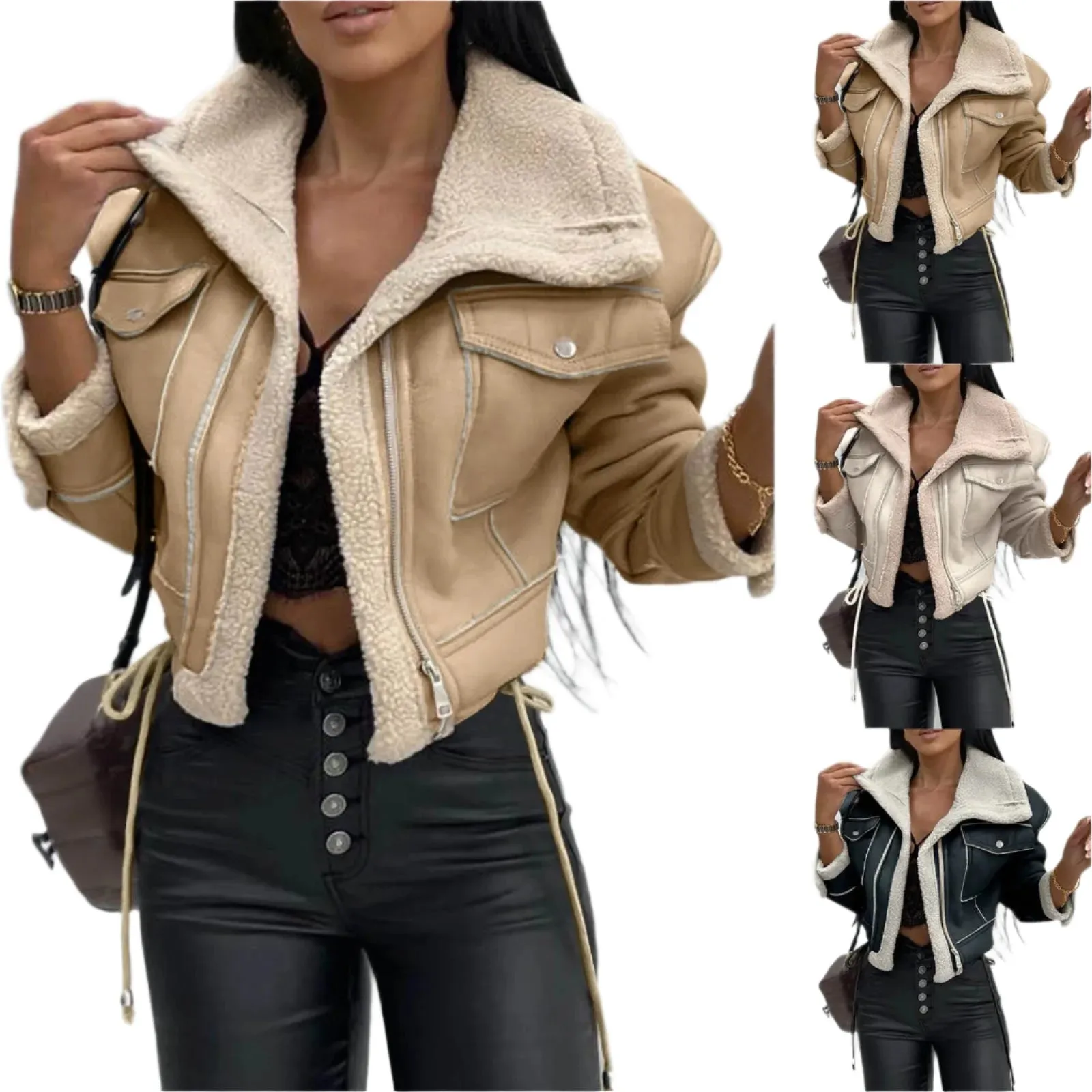 Women's Casual Autumn Warm Furry PU Patchwork Cropped Jacket – Loose Fit Long Sleeve Fashion Coat