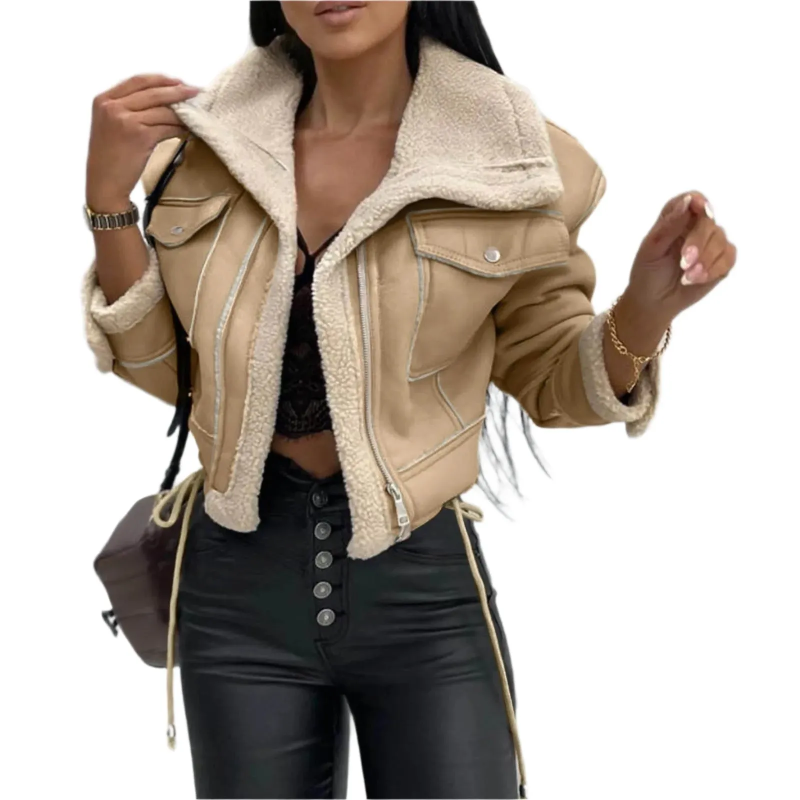 Women's Casual Autumn Warm Furry PU Patchwork Cropped Jacket – Loose Fit Long Sleeve Fashion Coat