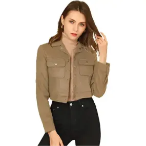 Women's Light Khaki Suede Leather Biker Crop Moto Jacket