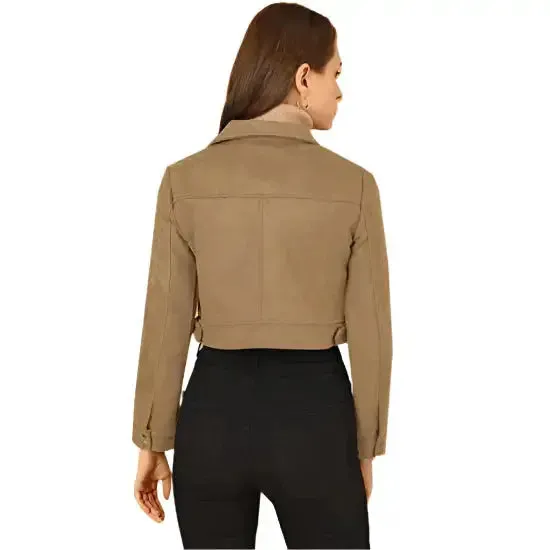 Women's Light Khaki Suede Leather Biker Crop Moto Jacket