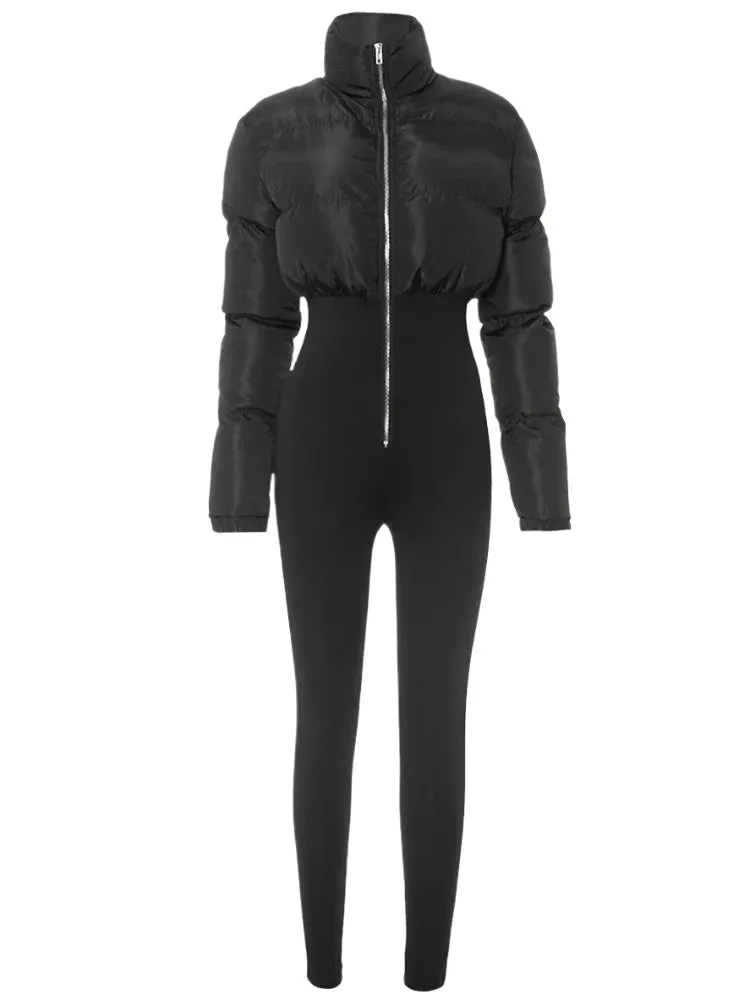 Women’s Patchwork Bodycon Jumpsuit – Long Sleeve, High-Waist, Zipper One-Piece Romper for Autumn & Winter