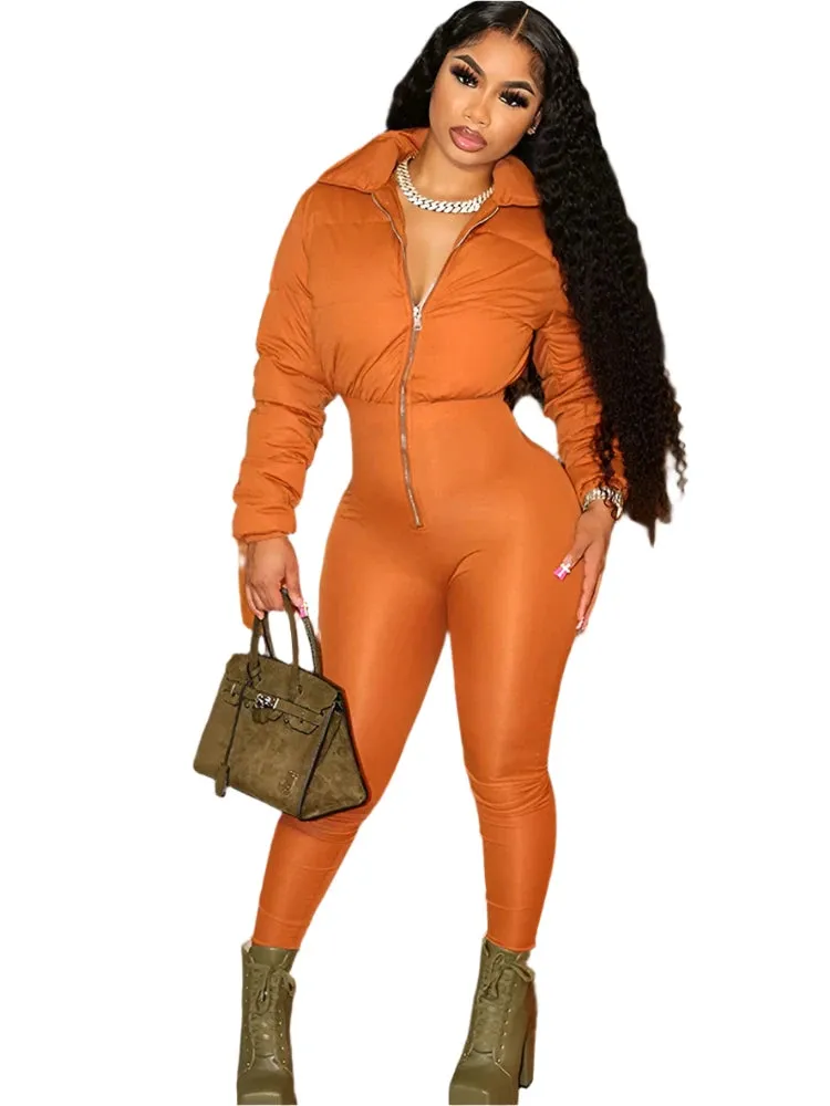 Women’s Patchwork Bodycon Jumpsuit – Long Sleeve, High-Waist, Zipper One-Piece Romper for Autumn & Winter