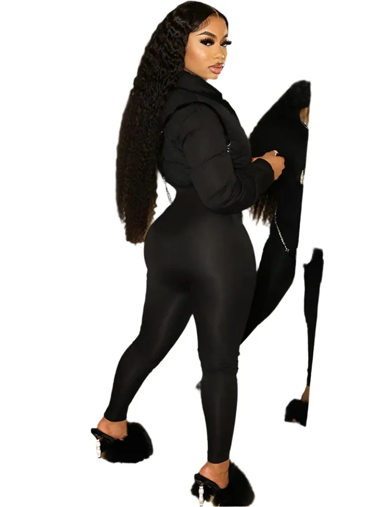 Women’s Patchwork Bodycon Jumpsuit – Long Sleeve, High-Waist, Zipper One-Piece Romper for Autumn & Winter