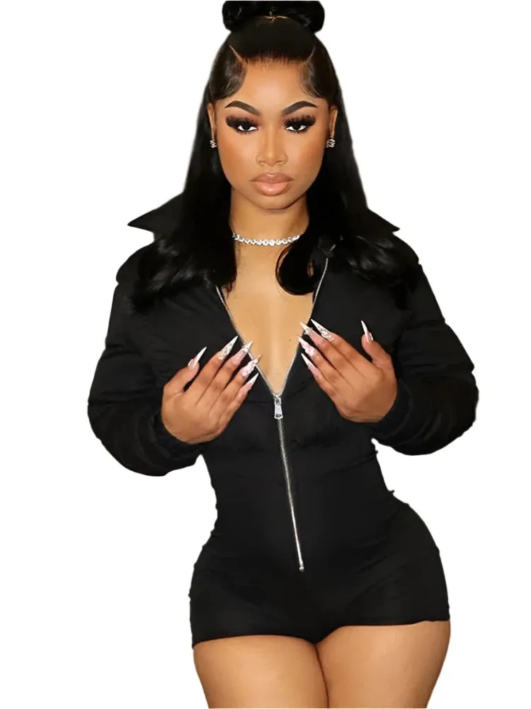 Women’s Patchwork Bodycon Jumpsuit – Long Sleeve, High-Waist, Zipper One-Piece Romper for Autumn & Winter