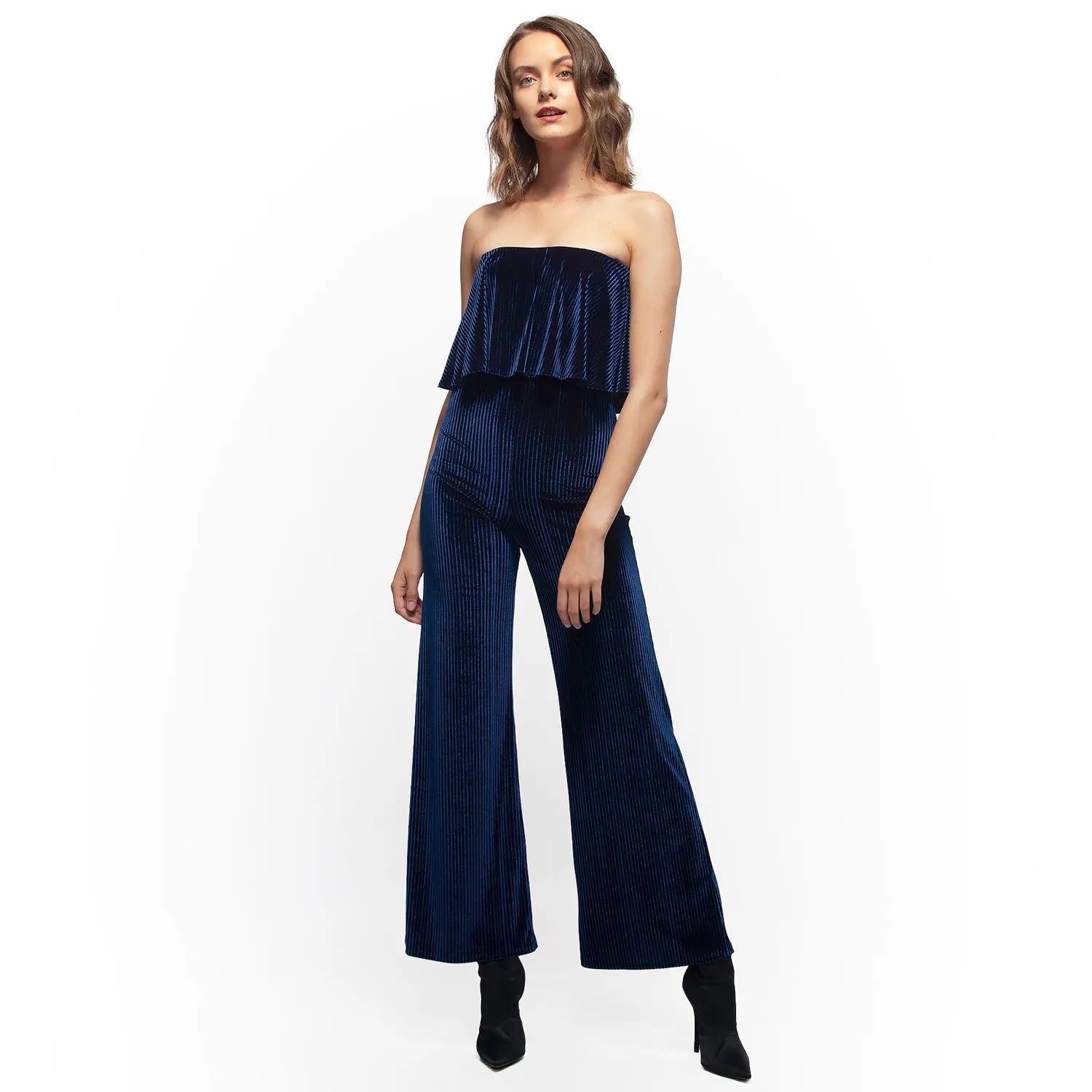 Women's Ribbed Velvet Tube Top Jumpsuit In Ultra Marine