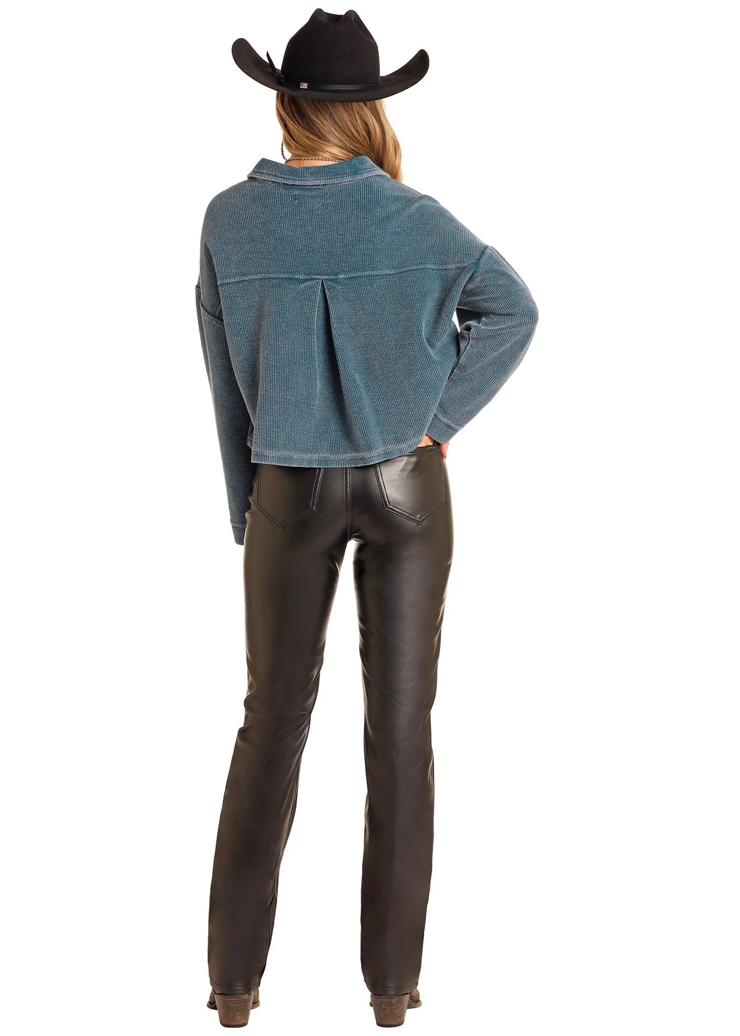 Women's Rock & Roll Navy Corduroy Cropped Button Down Shirt