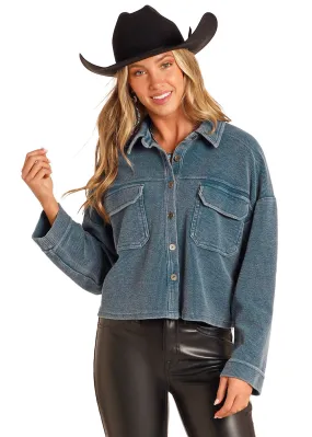 Women's Rock & Roll Navy Corduroy Cropped Button Down Shirt
