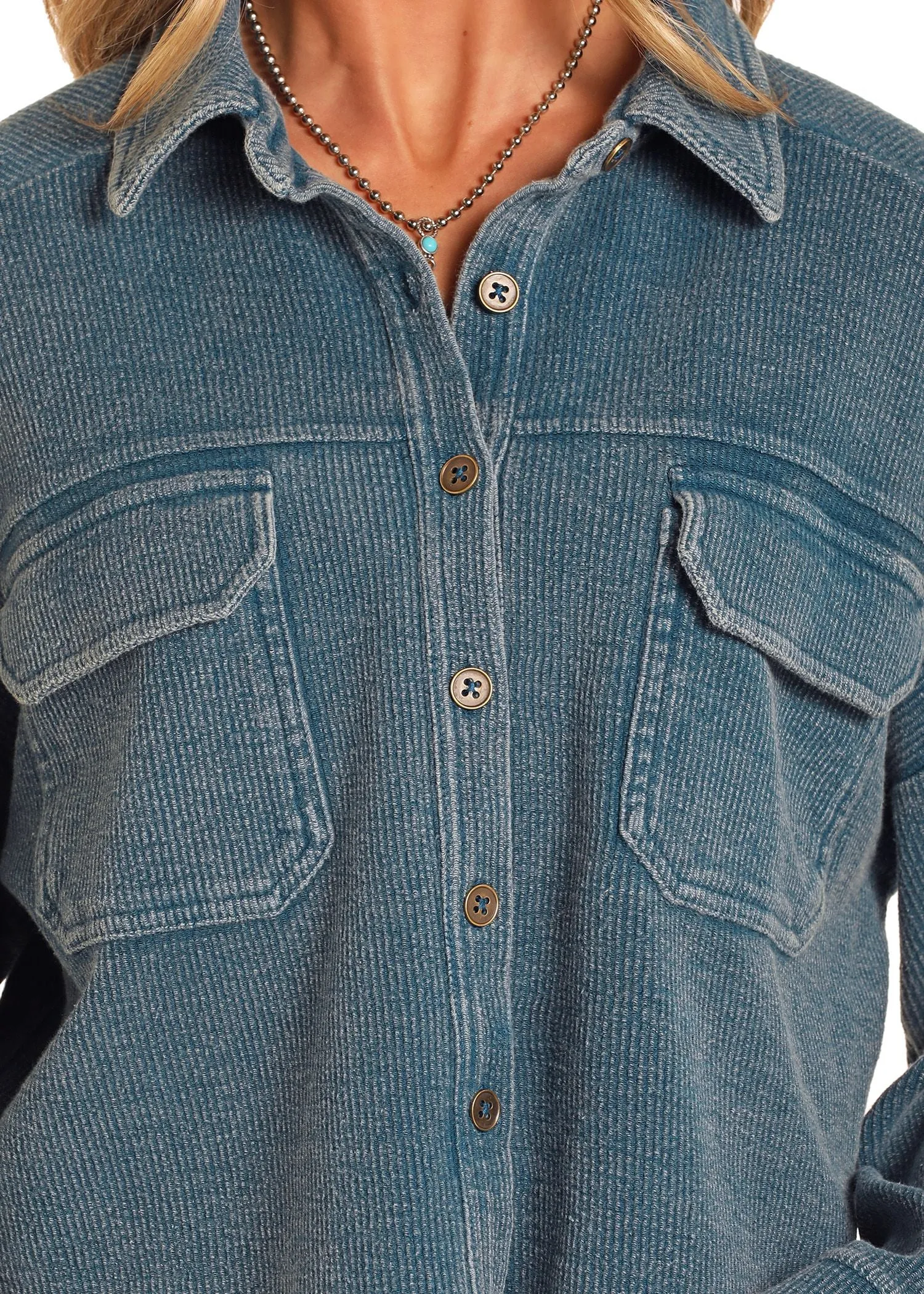 Women's Rock & Roll Navy Corduroy Cropped Button Down Shirt