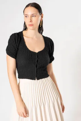 Woven Button Up Cropped Puff Sleeve Shrug Top
