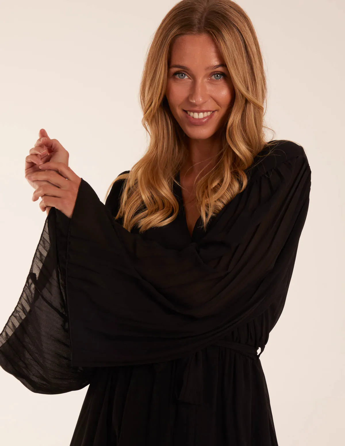 Wrap Front Pleated Sleeve Midi Dress