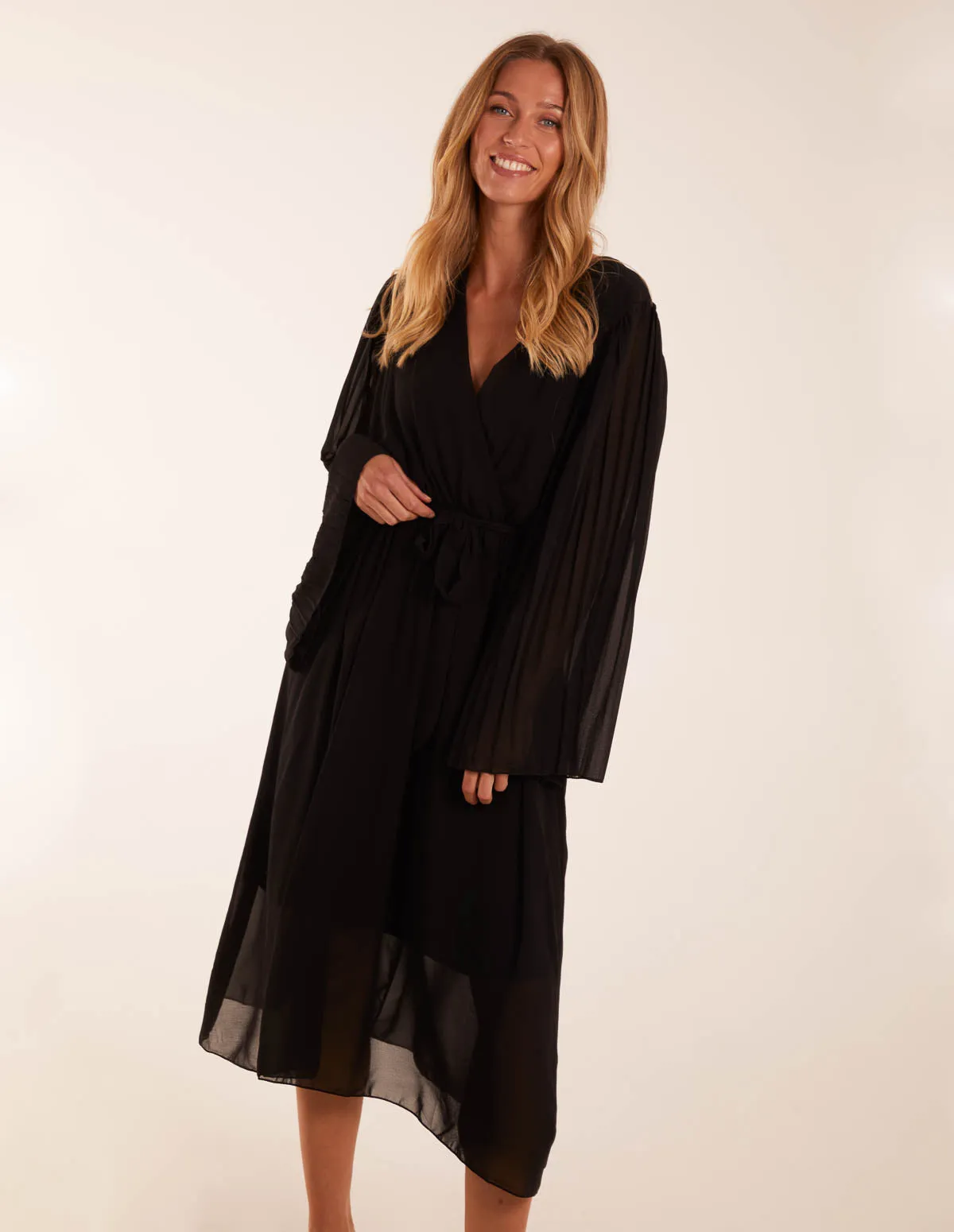 Wrap Front Pleated Sleeve Midi Dress