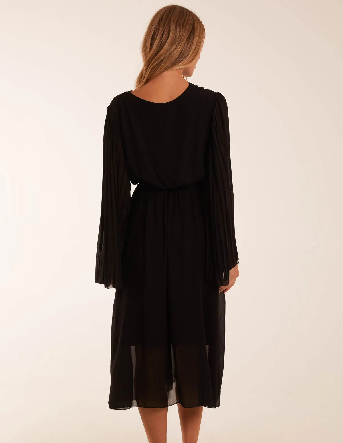 Wrap Front Pleated Sleeve Midi Dress
