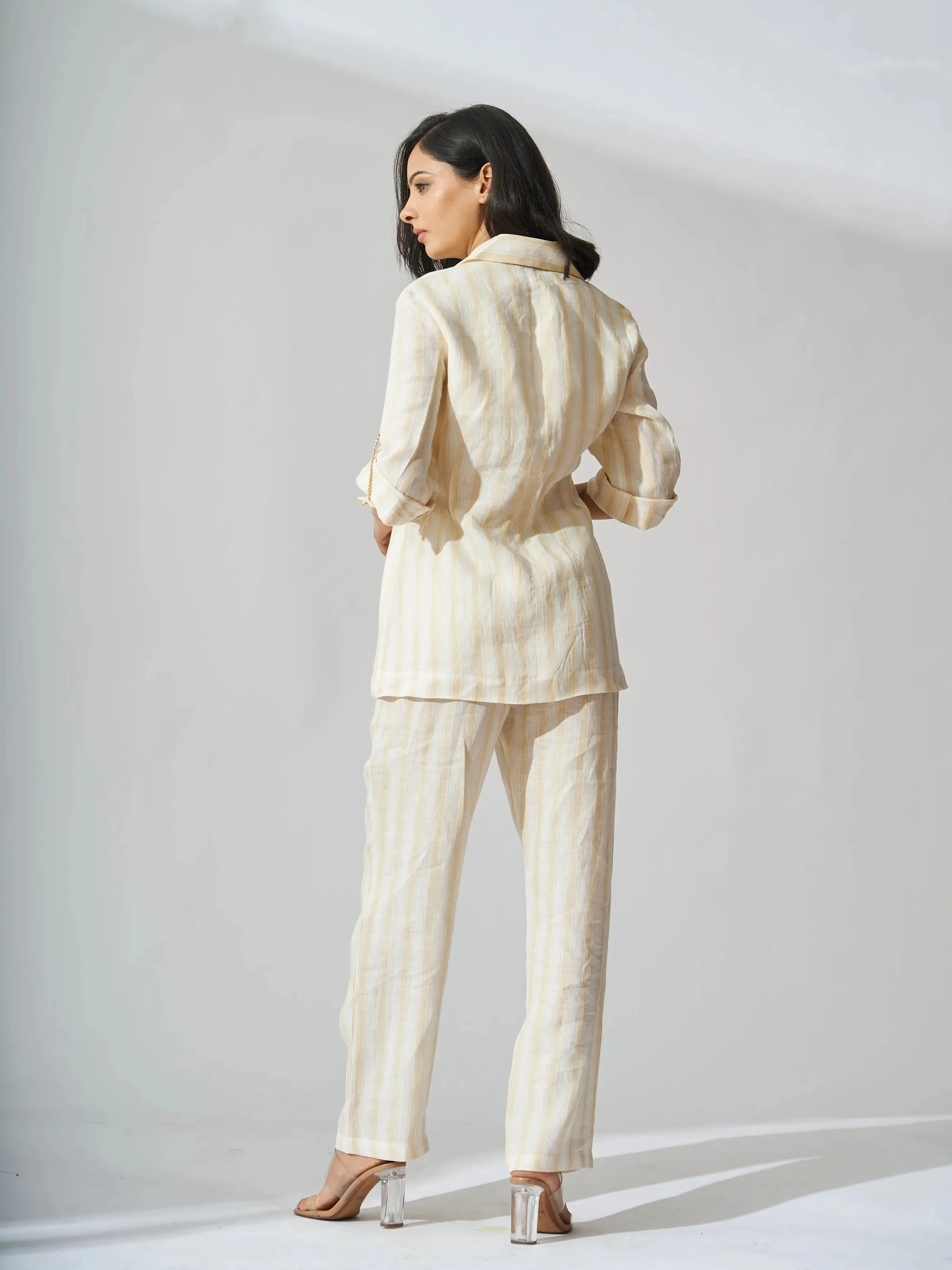 Yellow Striped Pure Linen Blazer with Flared Pants