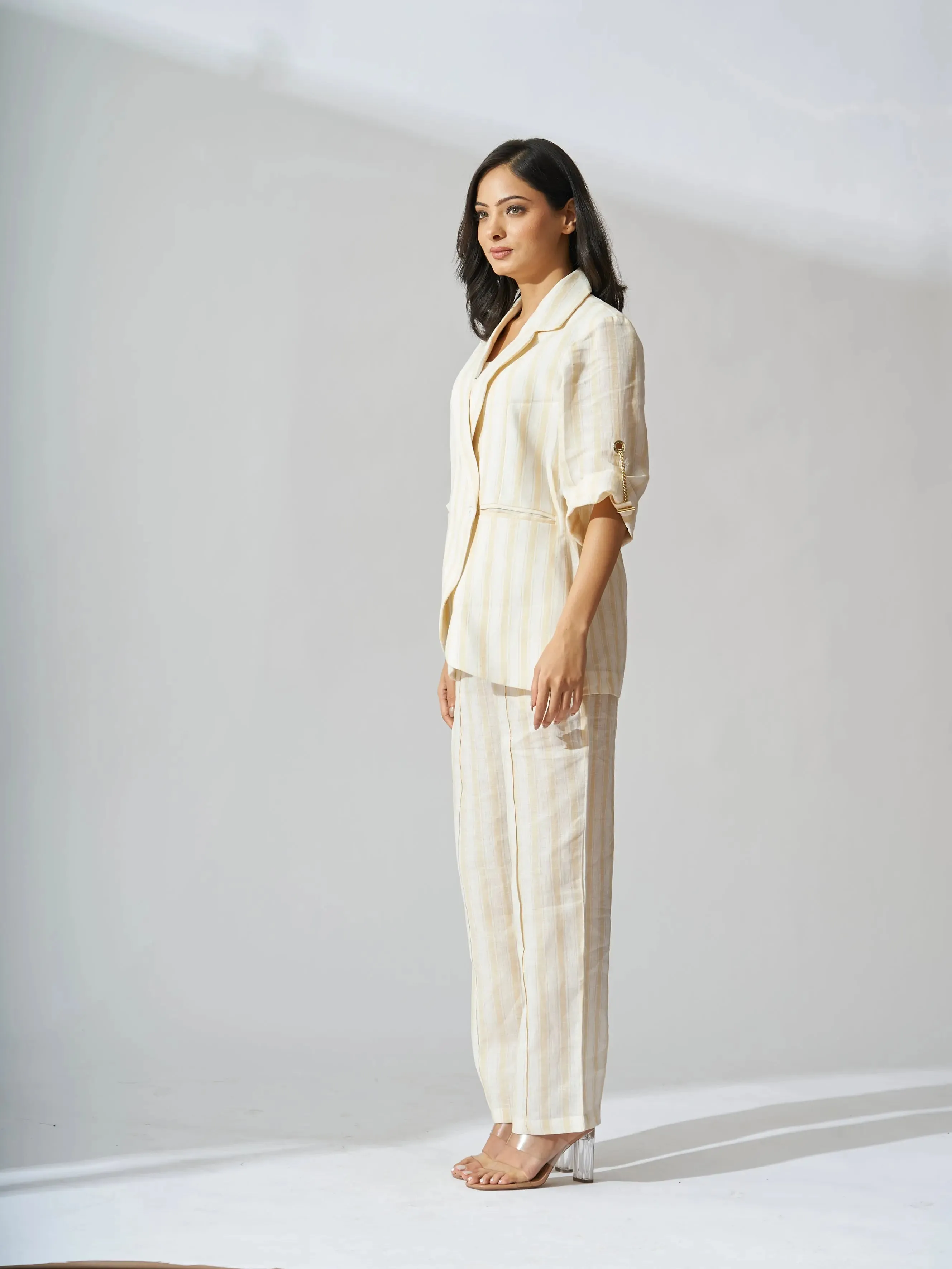 Yellow Striped Pure Linen Blazer with Flared Pants