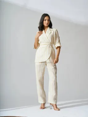 Yellow Striped Pure Linen Blazer with Flared Pants