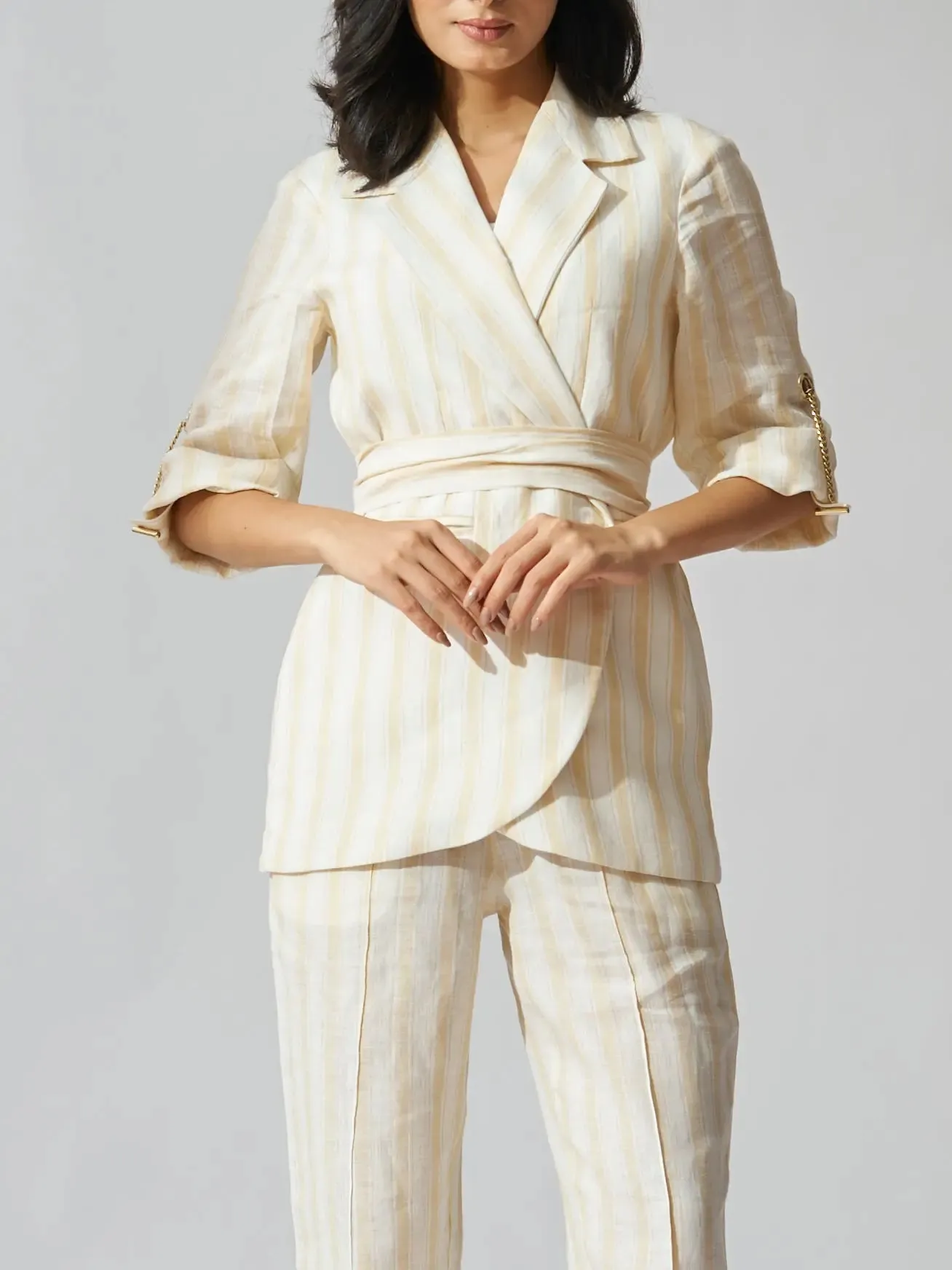 Yellow Striped Pure Linen Blazer with Flared Pants