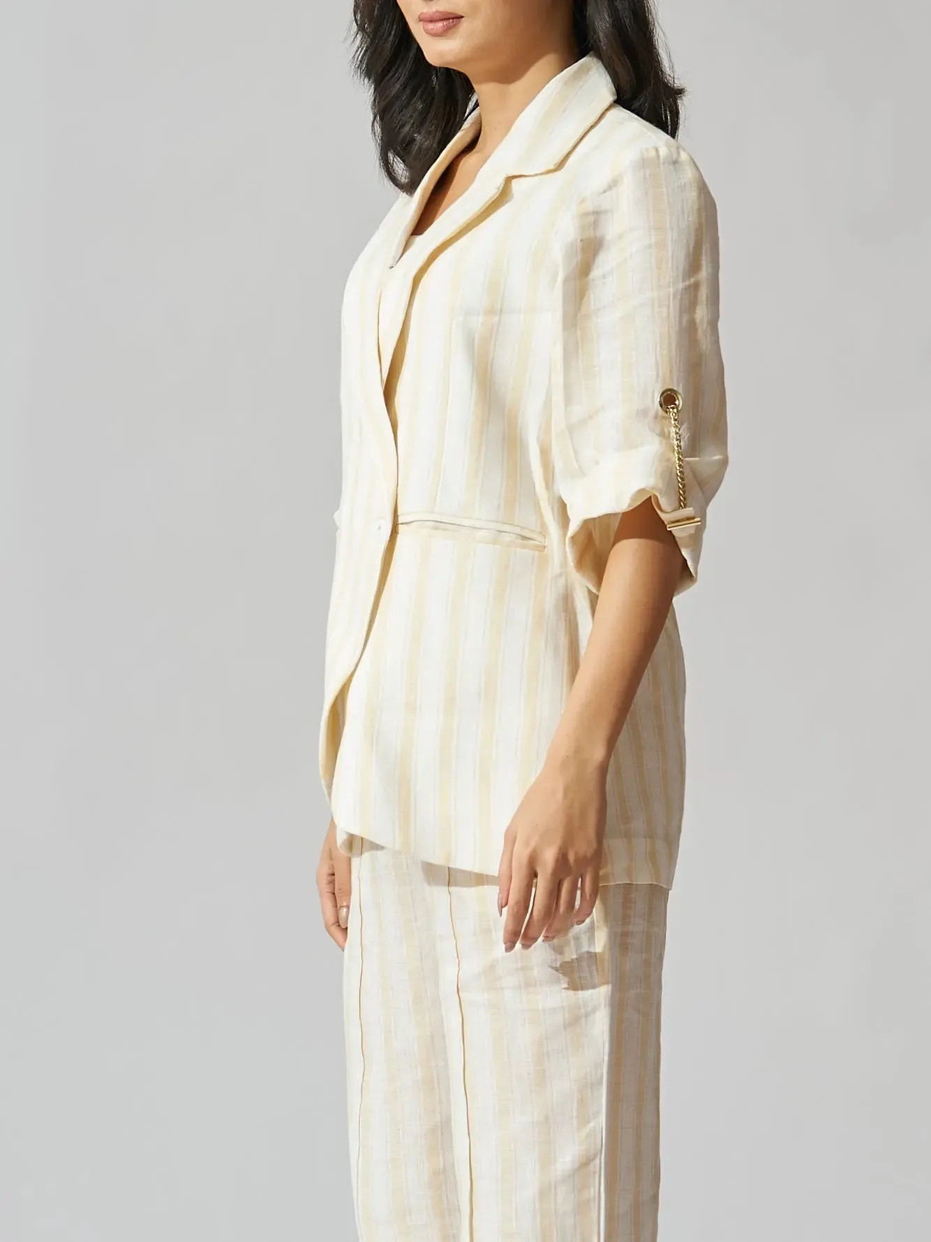 Yellow Striped Pure Linen Blazer with Flared Pants