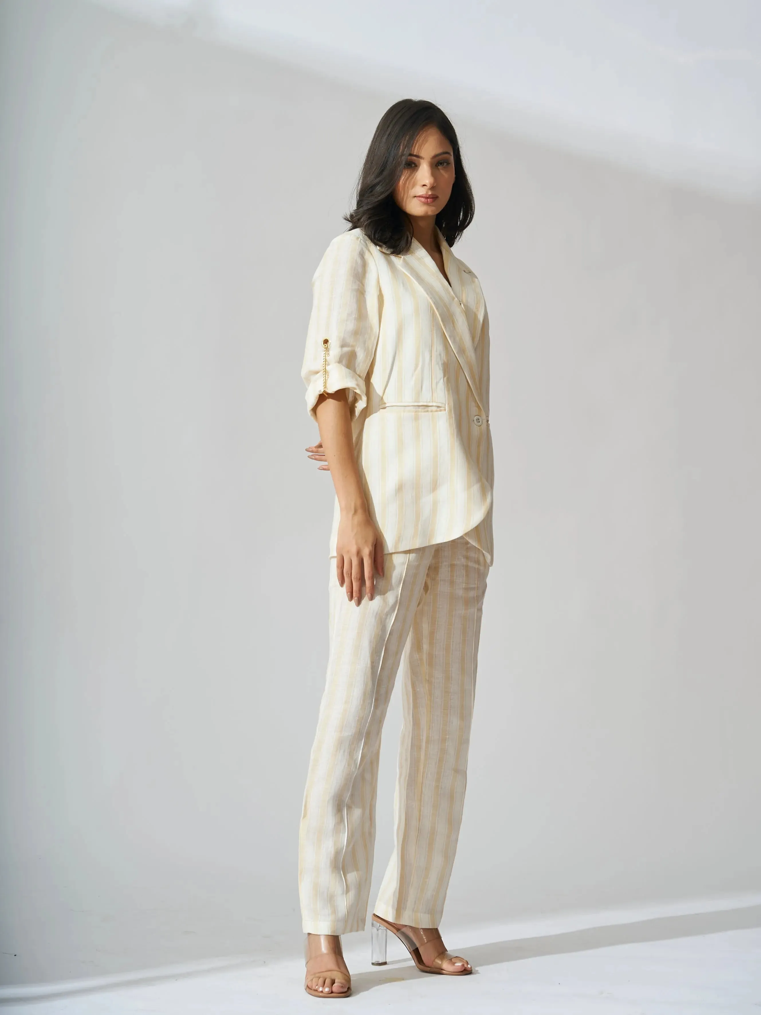 Yellow Striped Pure Linen Blazer with Flared Pants